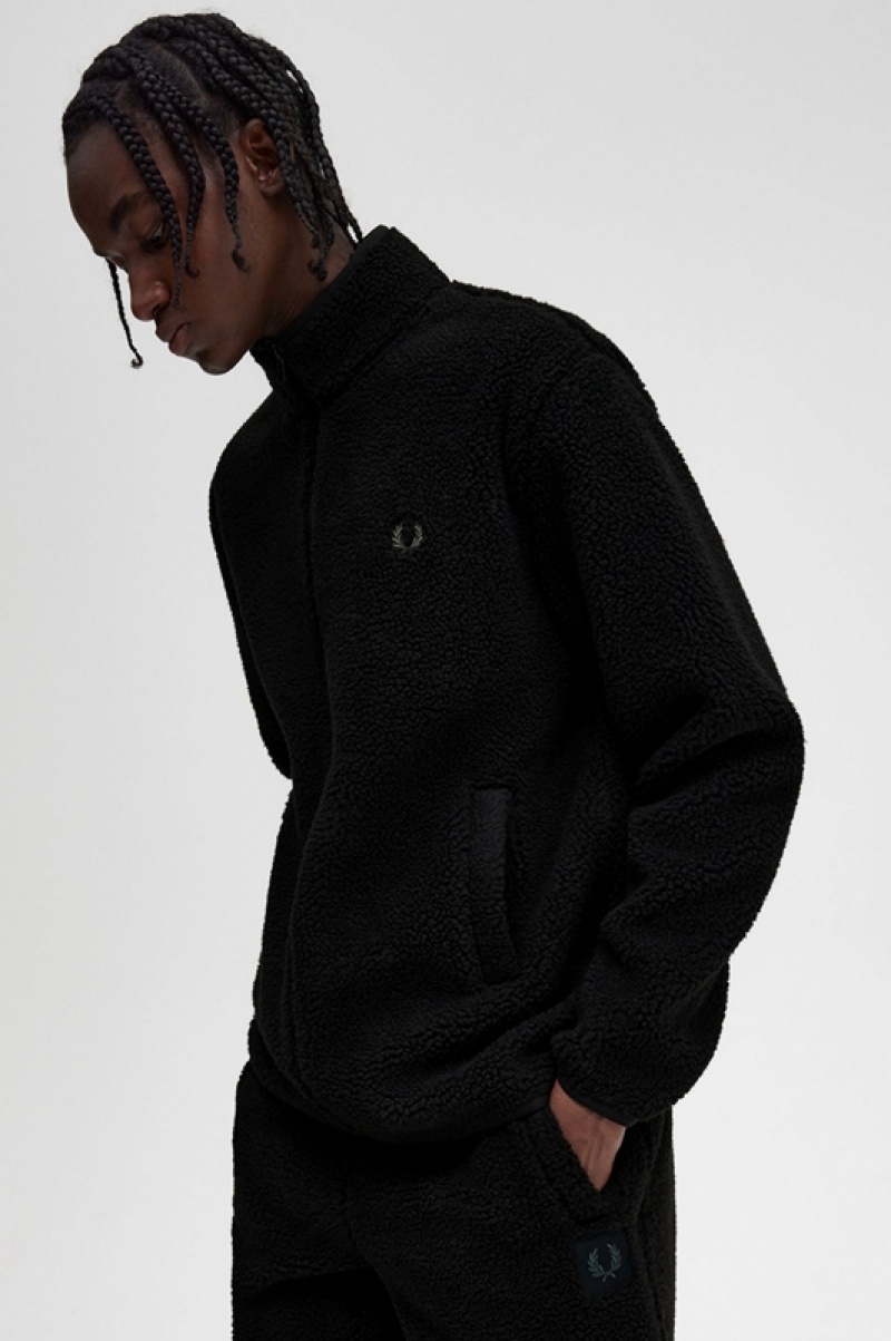 Fred Perry Zip Through Borg Fleece Men's Sweatshirts Black | AHN-106493